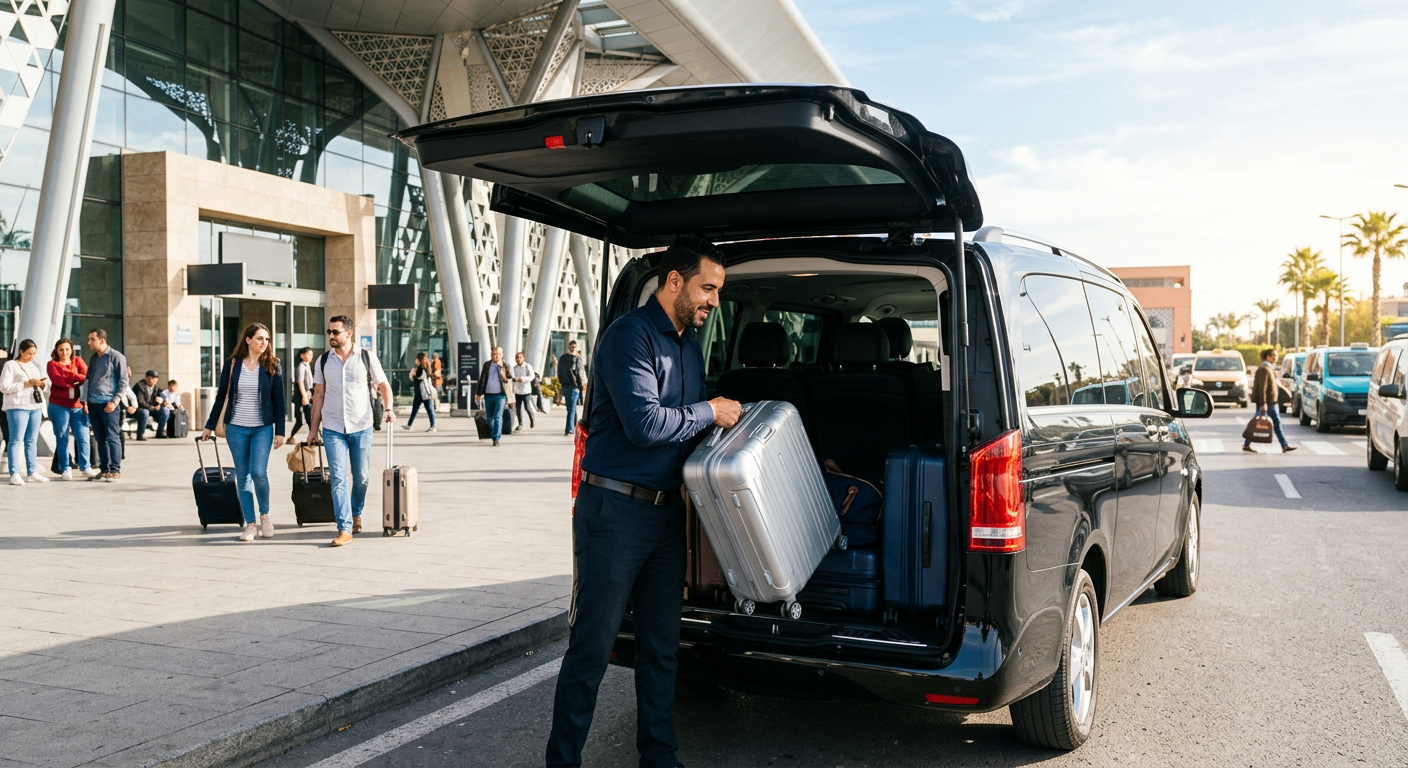 Driver loading suitcases into a van outside an airport terminal