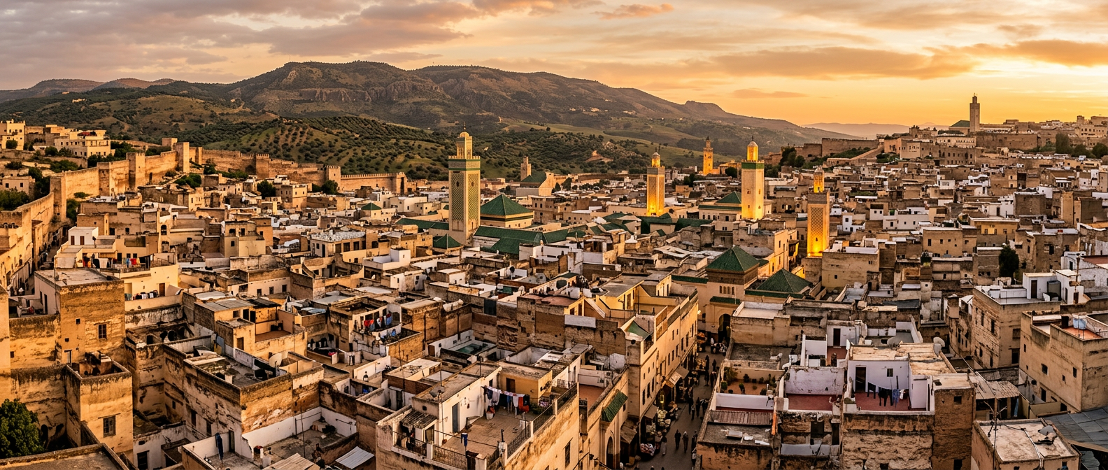 Rooftops of the Fes medina at sunset