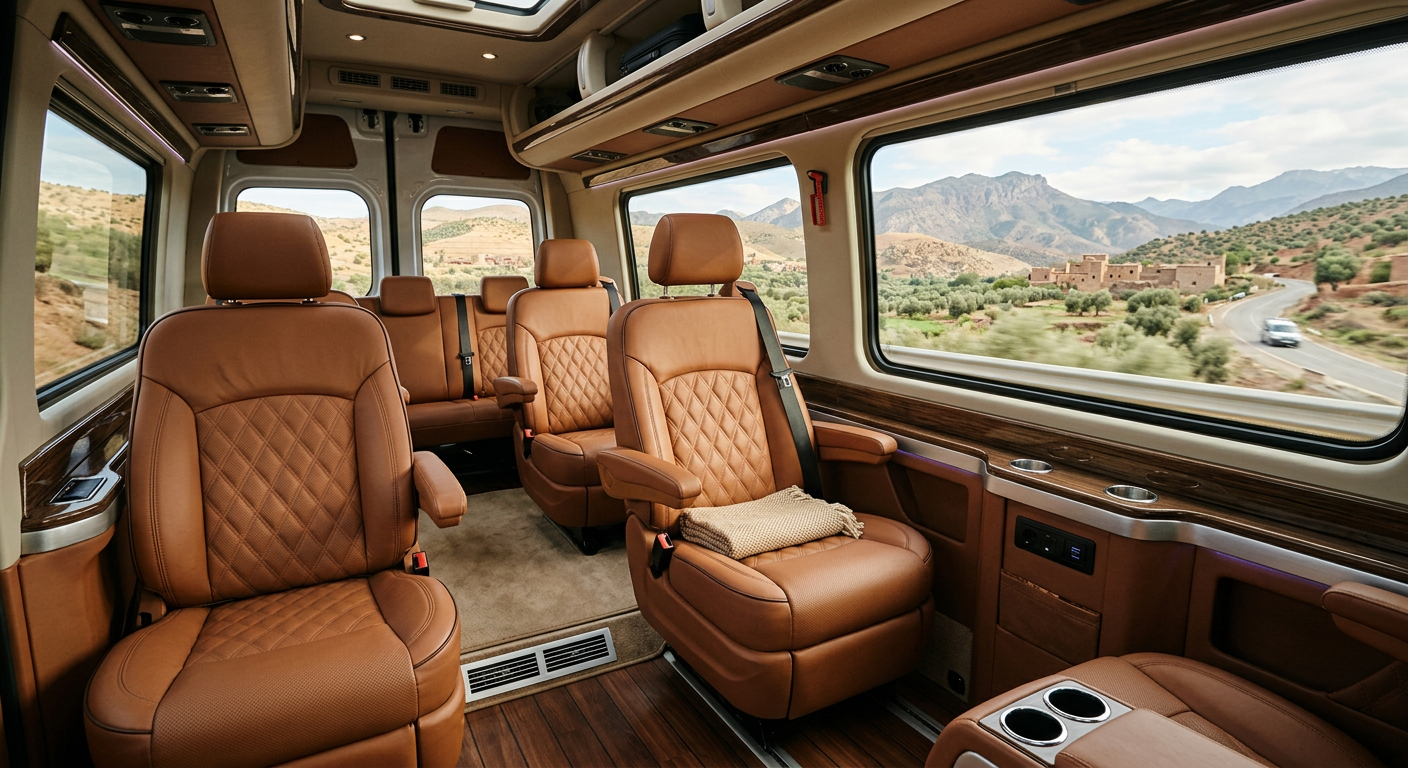 Spacious leather seats inside a premium passenger van