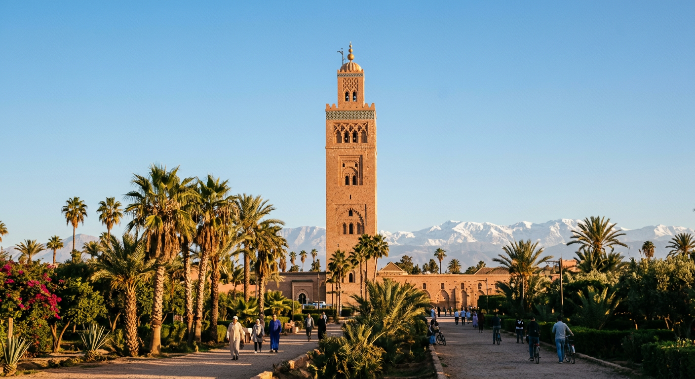 Koutoubia minaret in Marrakech with palm trees